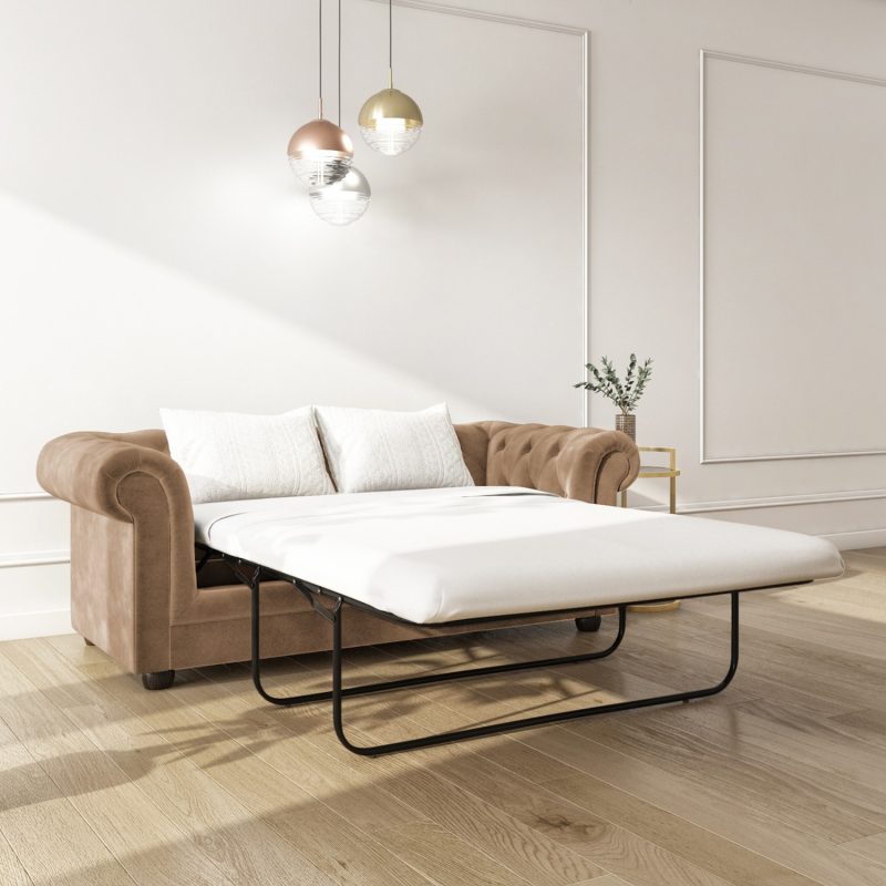 3 Seater Pull Out Chesterfield Sofa Bed in Beige Velvet - Bronte - Image 3