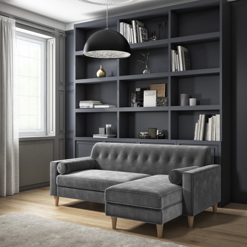 3 Seater Right Hand Facing L Shaped Sofa with Footstool in Grey Velvet - Idris - Image 2