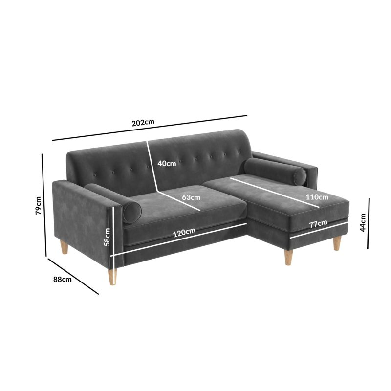 3 Seater Right Hand Facing L Shaped Sofa with Footstool in Grey Velvet - Idris - Image 4