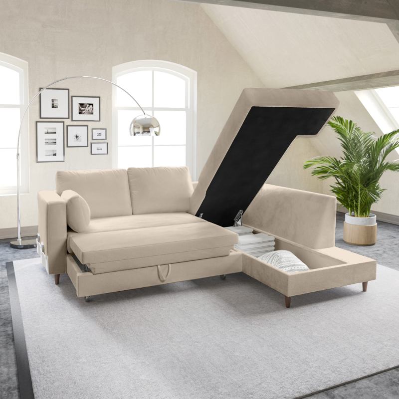 4 Seater Corner Sofa Bed with Storage in Soft Cream Chenille Fabric - Right Hand Facing - Boe - Image 2