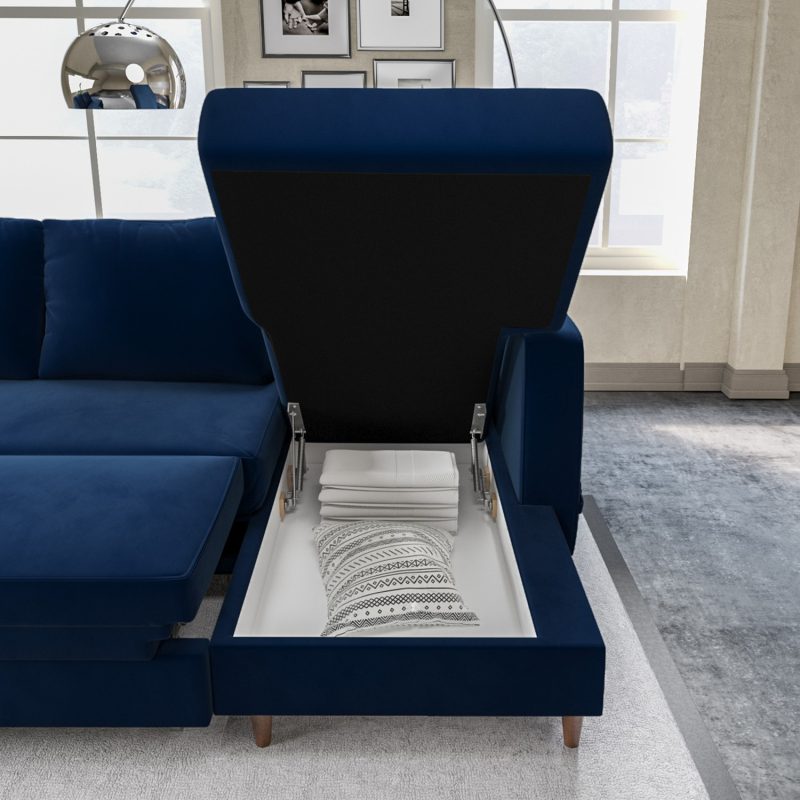 6 Seater U Shaped Corner Sofa Bed with Storage in Navy Velvet - Left Hand Facing - Boe - Image 3