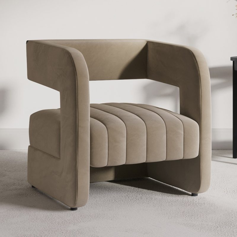 Mink Velvet Art Deco Armchair with Ribbed Detail - Boni