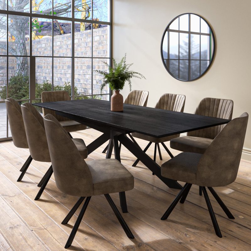 Extendable Black Dining Table with 8 Brown Swivel Faux Leather Dining Chairs - Carson