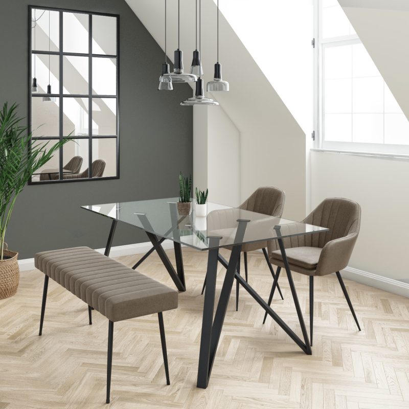 Glass Dining Table with 2 Beige Faux Leather Dining Chairs and 1 Dining Bench - Dax