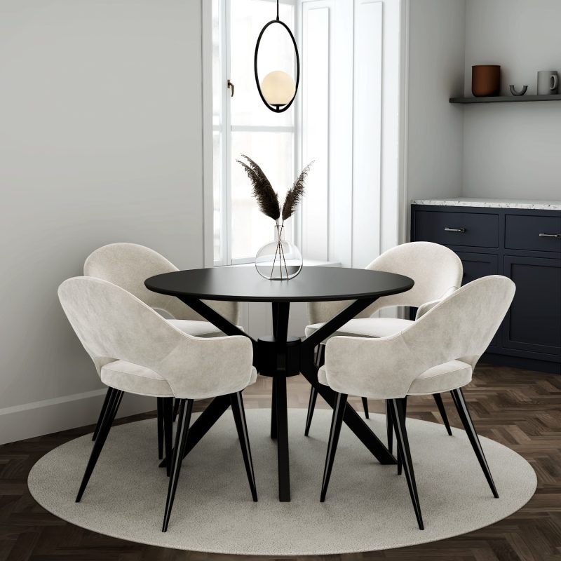 Round Black Dining Table with 4 Beige Fabric Dining Chairs - Karie