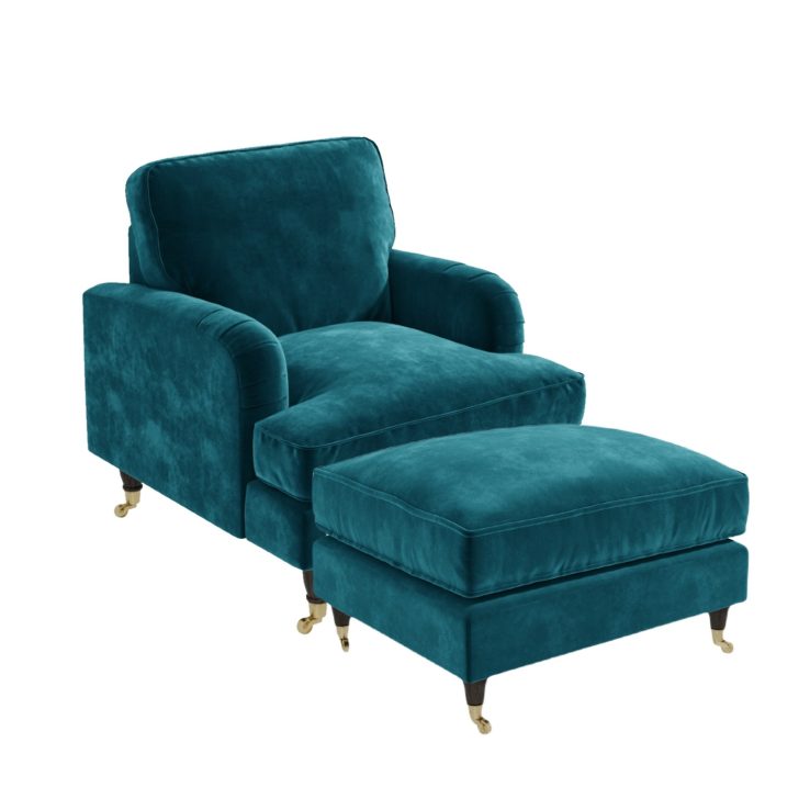 Teal Velvet Armchair and Footstool Set - Payton