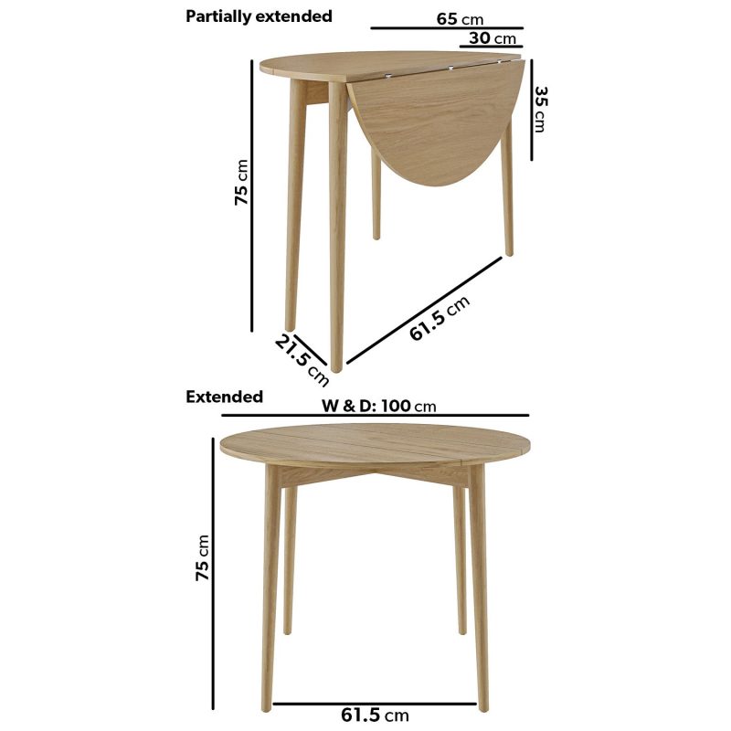 Round Oak Drop Leaf Dining Table with 4 Beige Fabric Dining Chairs - Rudy - Image 2