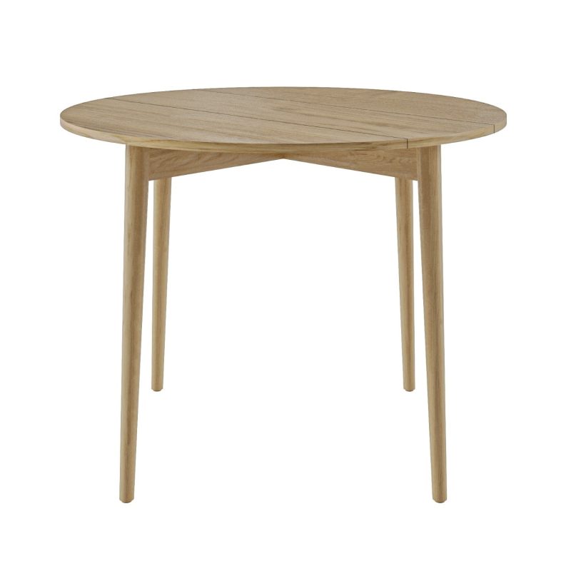 Round Oak Drop Leaf Dining Table with 4 Beige Fabric Dining Chairs - Rudy - Image 6