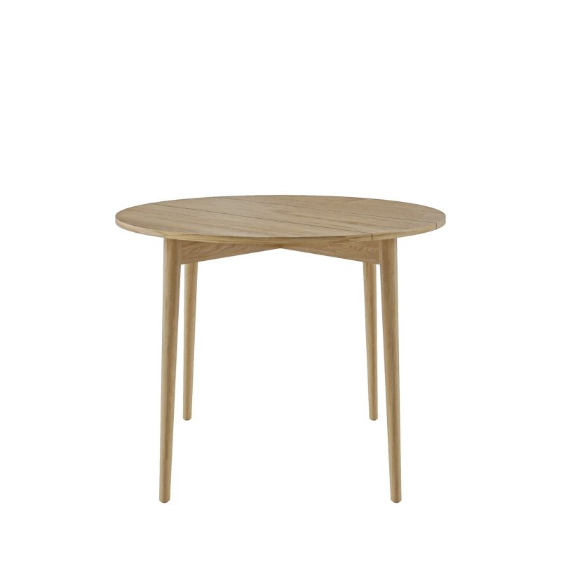 Round Oak Drop Leaf Dining Table with 2 Cream Recycled Fabric Dining Chairs - Rudy - Image 7