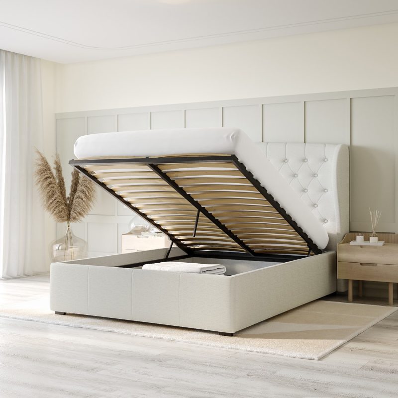 Cream Fabric King Size Double Ottoman Bed with Matching Blanket Box - Image 6