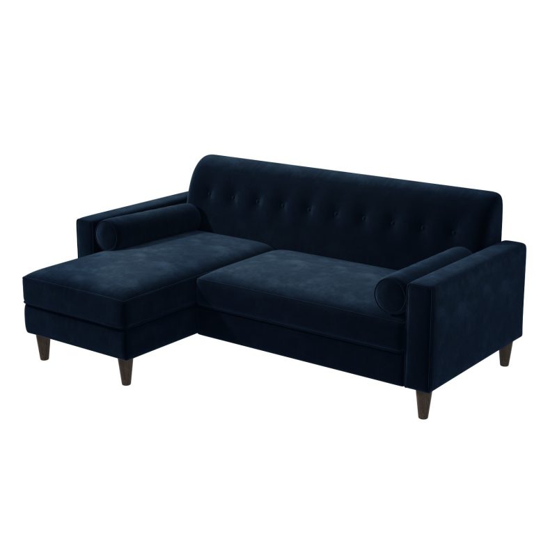 3 Seater Left Hand Facing L Shaped Sofa with Footstool in Navy Blue Velvet - Idris - Image 2