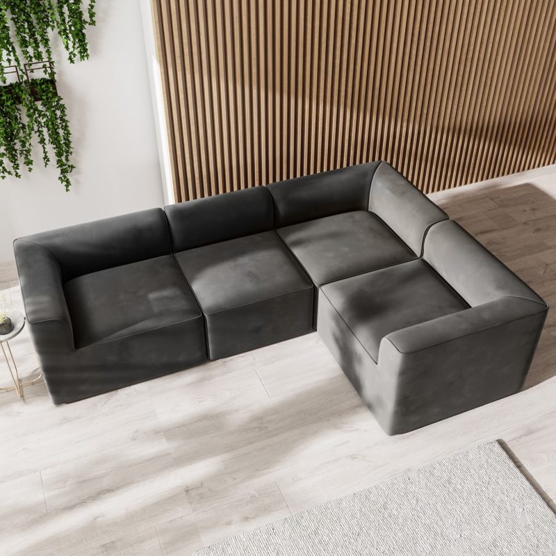 4 Seater Right Hand Facing Corner Modular Sofa in Grey Velvet - Hendrix