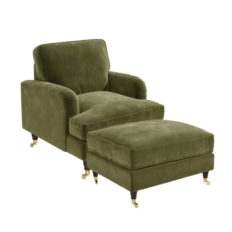 Olive Velvet Armchair and Footstool Set - Payton