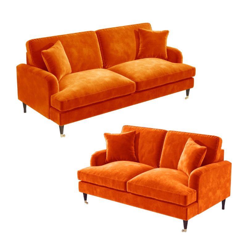 Orange Velvet 3 Seater and 2 Seater Sofa Set - Payton