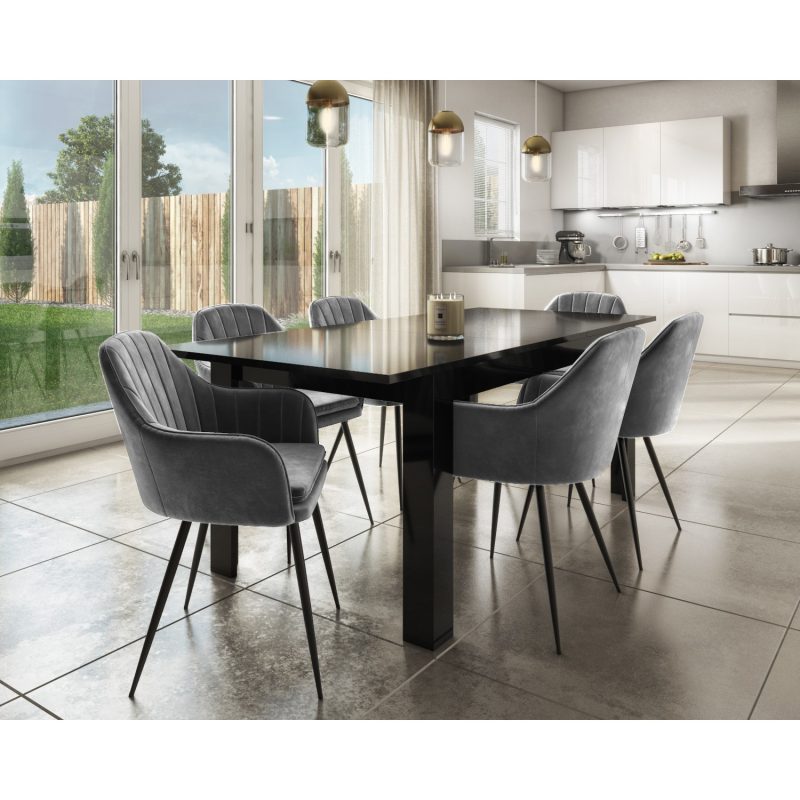 Extendable Dining Table in Black High Gloss & 6 Grey Velvet Tub Chairs - Vivienne