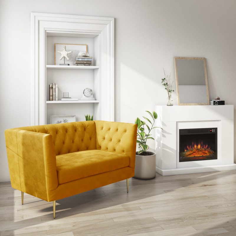 Mustard Velvet Loveseat Armchair with Button Detail - Celeste - Image 3