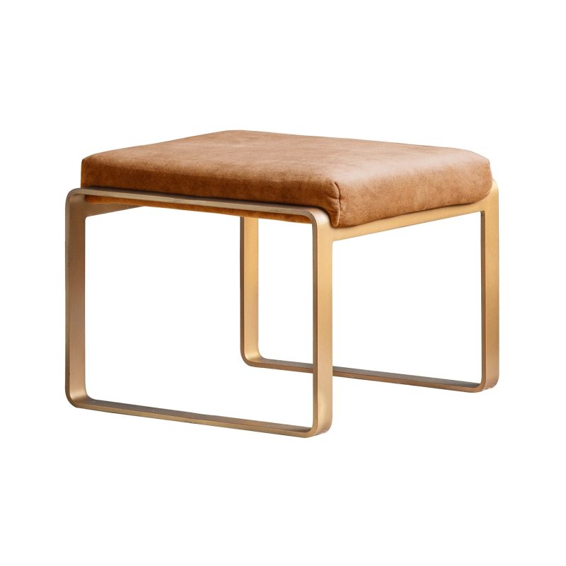 Tan Leather Footstool with Gold Legs - Fabien