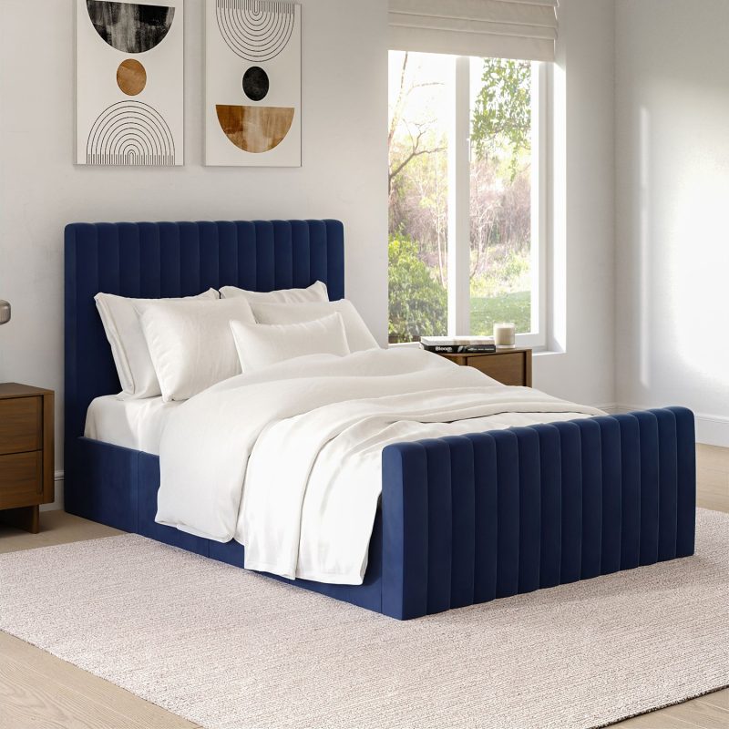 Side Opening Navy Blue Velvet Double Ottoman Bed - Khloe