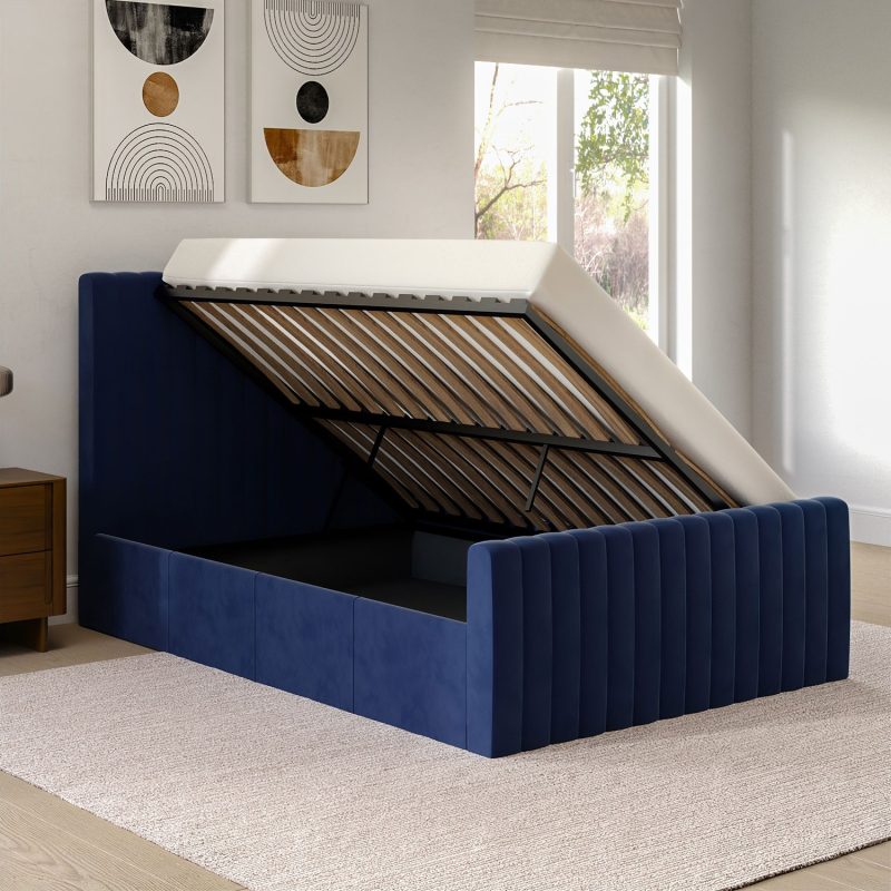 Side Opening Navy Blue Velvet Double Ottoman Bed - Khloe - Image 2