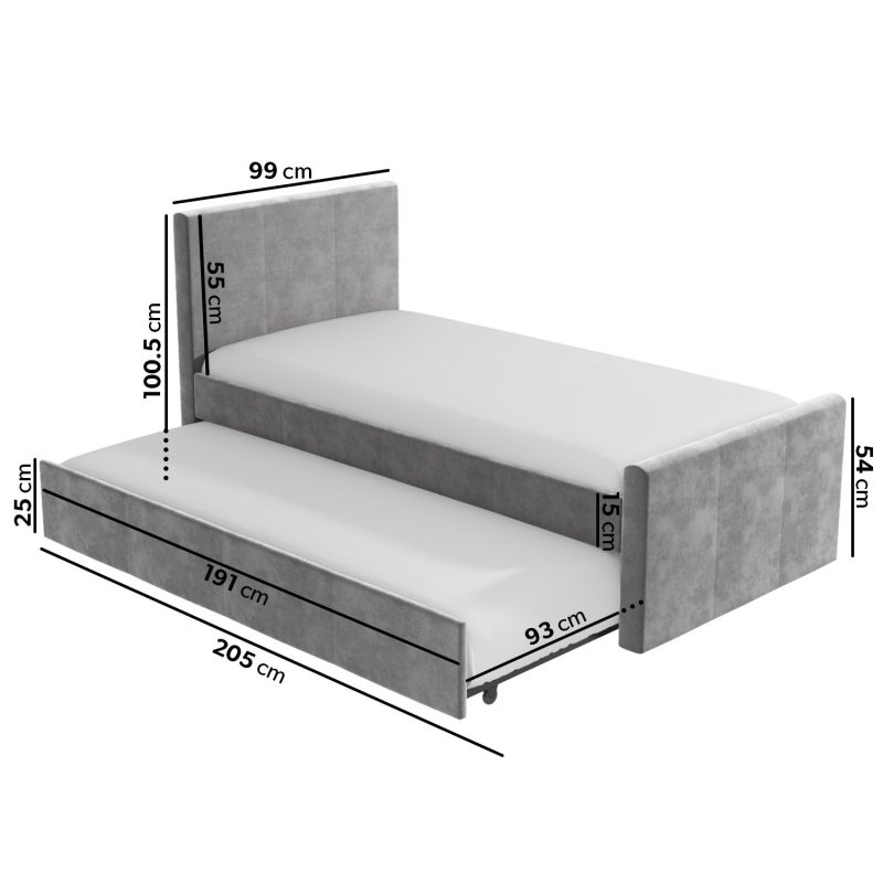 Single Guest Bed with Trundle in Grey Velvet - Layla - Image 3