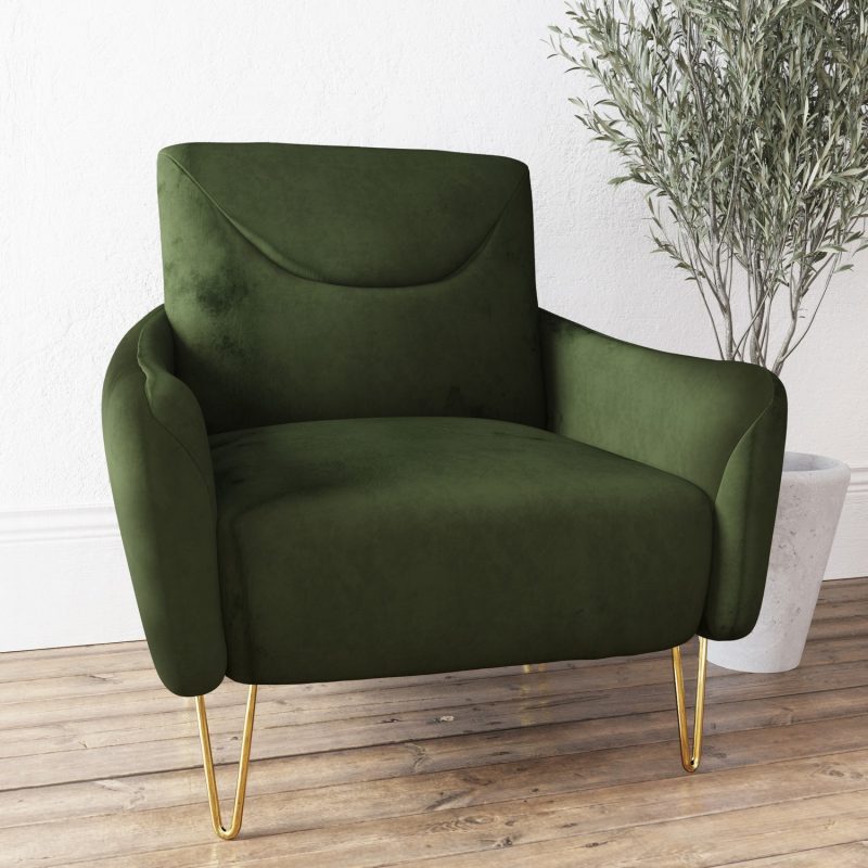 Green Velvet Armchair with Gold Hairpin Legs - Lyle - Image 2