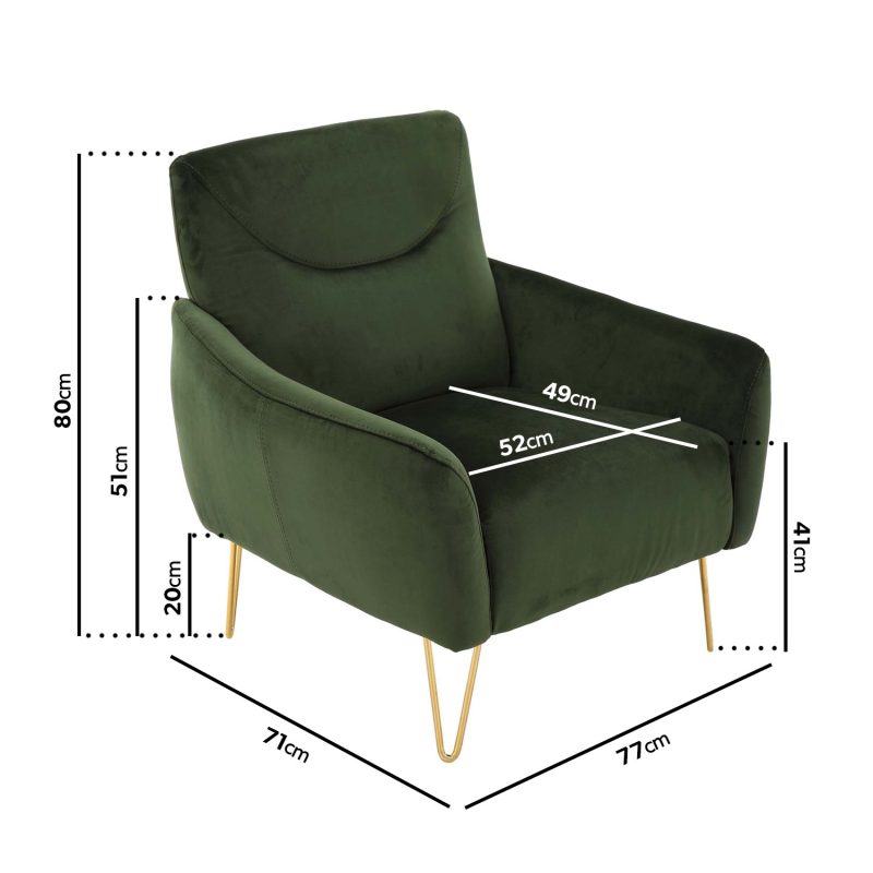 Green Velvet Armchair with Gold Hairpin Legs - Lyle - Image 4
