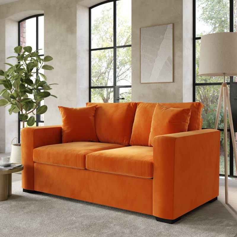 Orange Velvet 2 Seater Sofa Bed - Layton