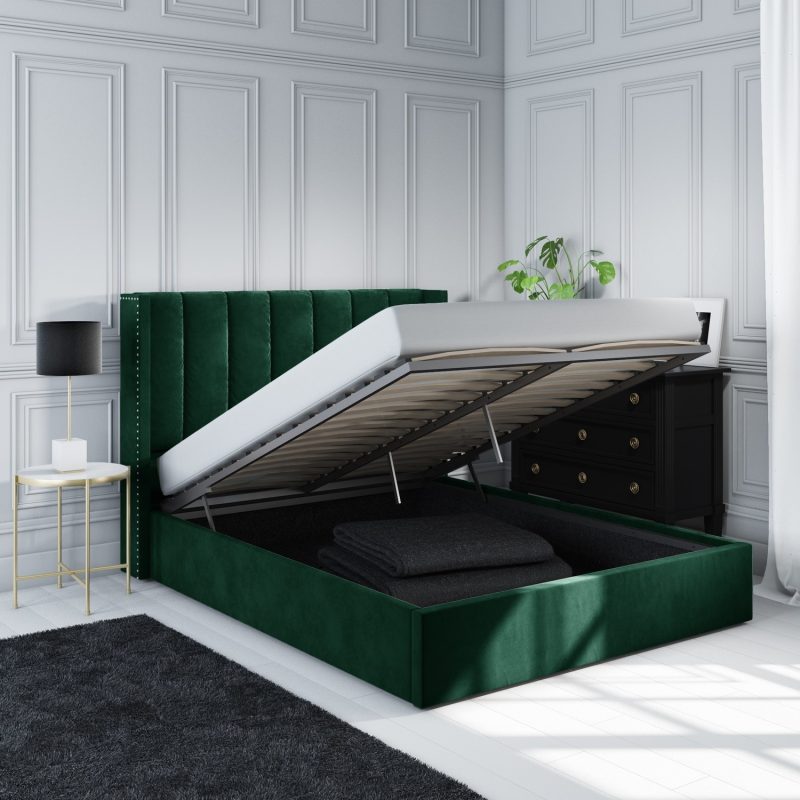 Green Velvet Double Ottoman Bed with Winged Headboard - Maddox - Image 3