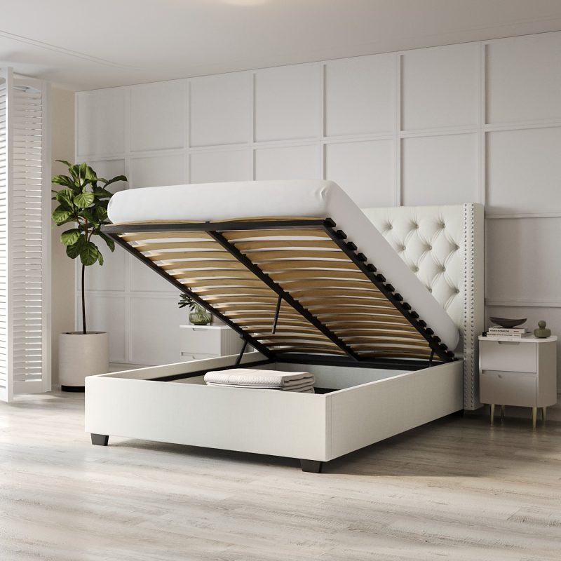 Off-White Fabric Double Ottoman Bed with Winged Headboard - Maeva - Image 2