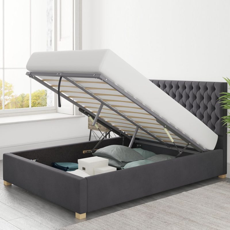 Dark Grey Velvet Double Ottoman Bed - Angel - Aspire - Image 3