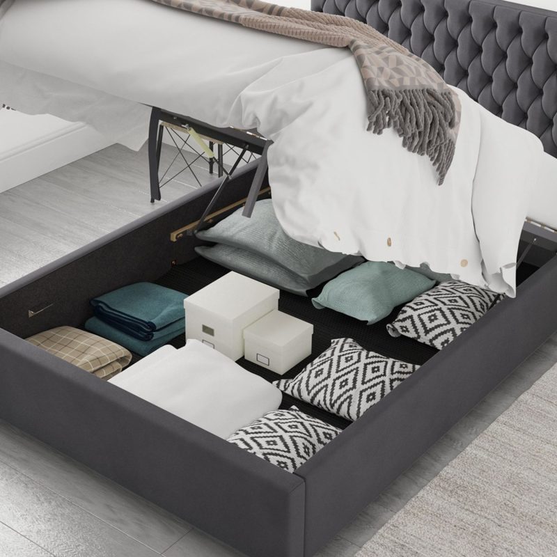 Dark Grey Velvet Double Ottoman Bed - Angel - Aspire - Image 4