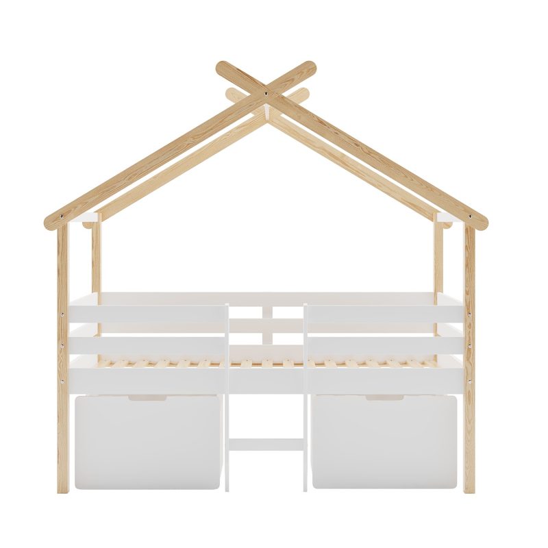 House Cabin Bed with 2 Drawers in White and Pine - Mylo - Image 4