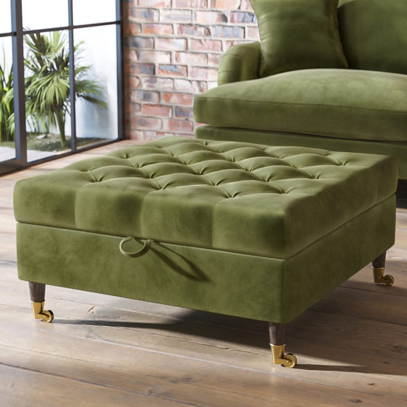Olive Green Velvet Buttoned Ottoman Storage Footstool - Payton