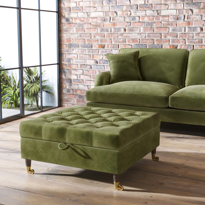 Olive Green Velvet Buttoned Ottoman Storage Footstool - Payton - Image 5
