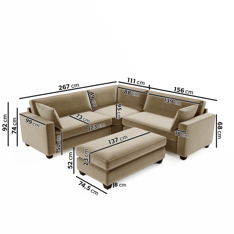 Large 4 Seater Corner Sofa in Mink Velvet with Matching Footstool - Pandora - Image 2