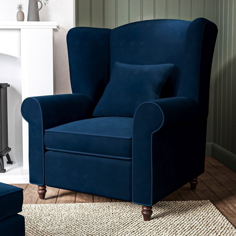Navy Blue Velvet Wingback Armchair - Rupert