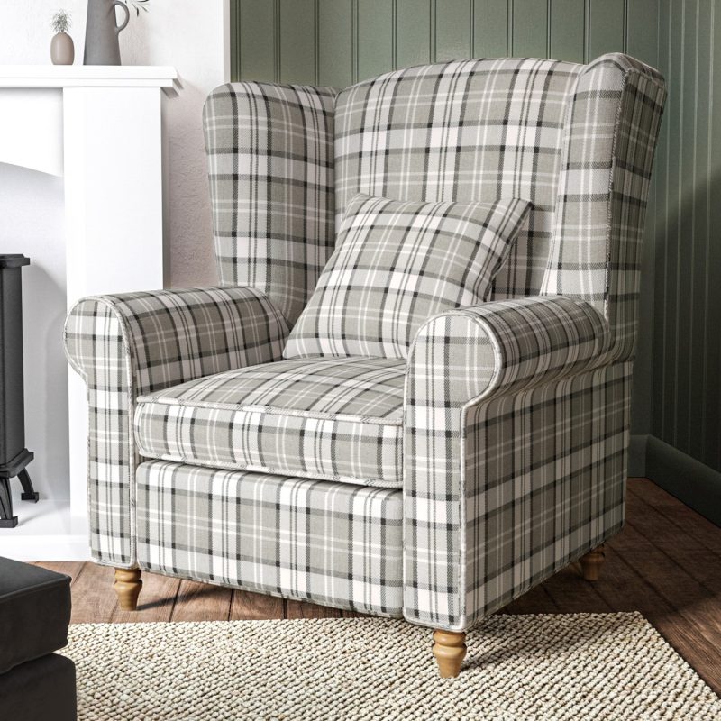 Grey Tartan Fabric Wingback Armchair - Rupert