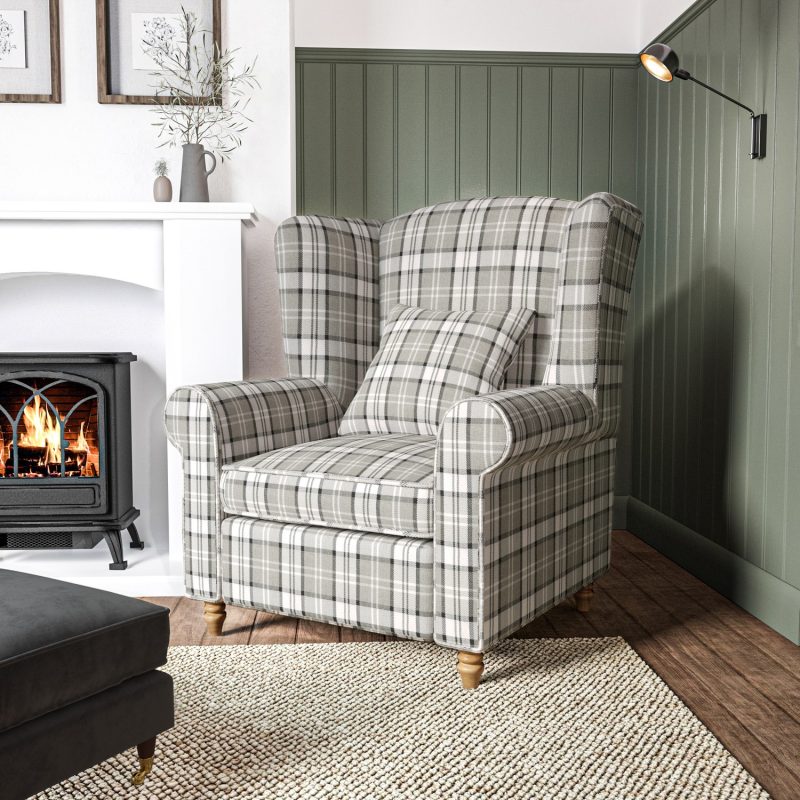 Grey Tartan Fabric Wingback Armchair - Rupert - Image 4