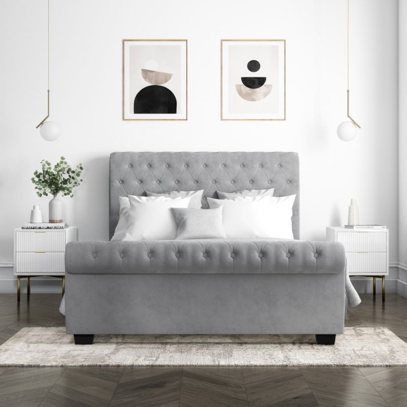 Grey Velvet Double Chesterfield Sleigh Bed Frame - Safina - Image 2