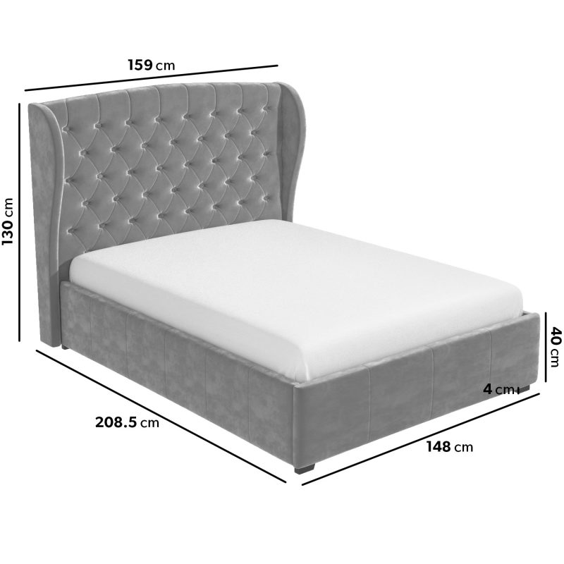 Grey Velvet Double Ottoman Bed with Winged Headboard - Safina - Image 2