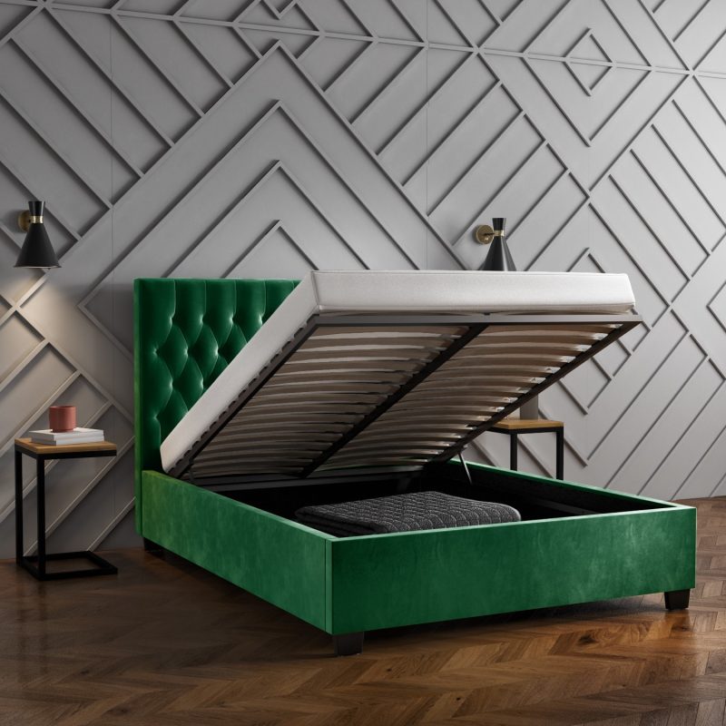 Green Velvet Double Ottoman Bed with Chesterfield Headboard - Safina - Image 2