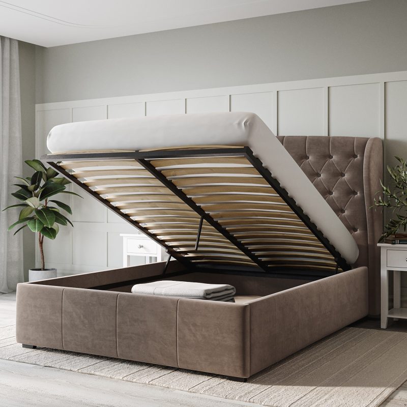 Mink Velvet Double Ottoman Bed with Winged Headboard - Safina - Image 2