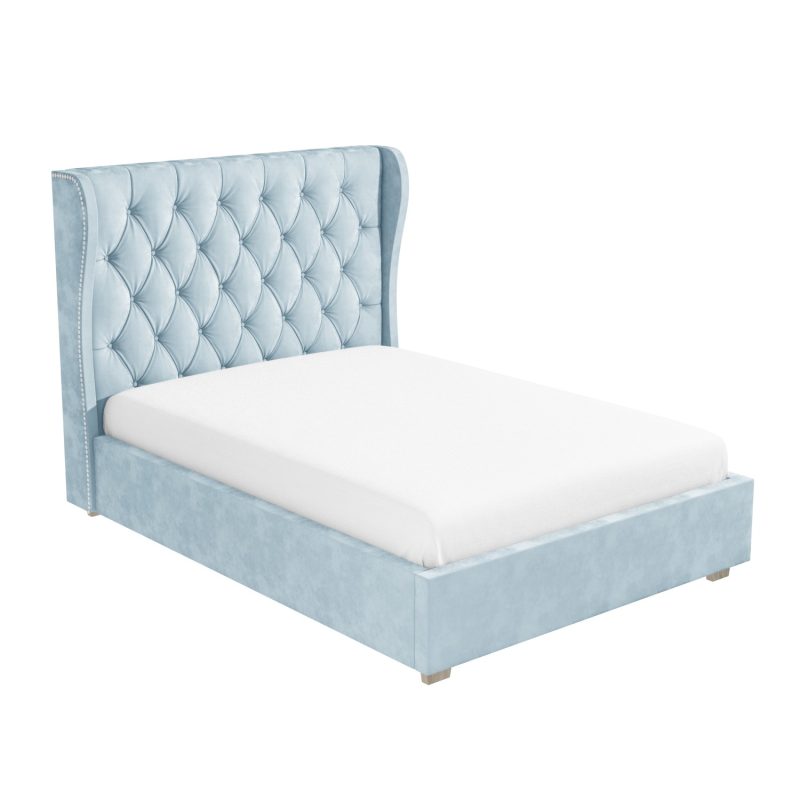 Light Blue Velvet Double Ottoman Bed with Winged Headboard - Safina - Image 2