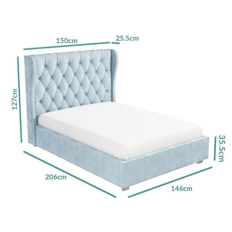 Light Blue Velvet Double Ottoman Bed with Winged Headboard - Safina - Image 4