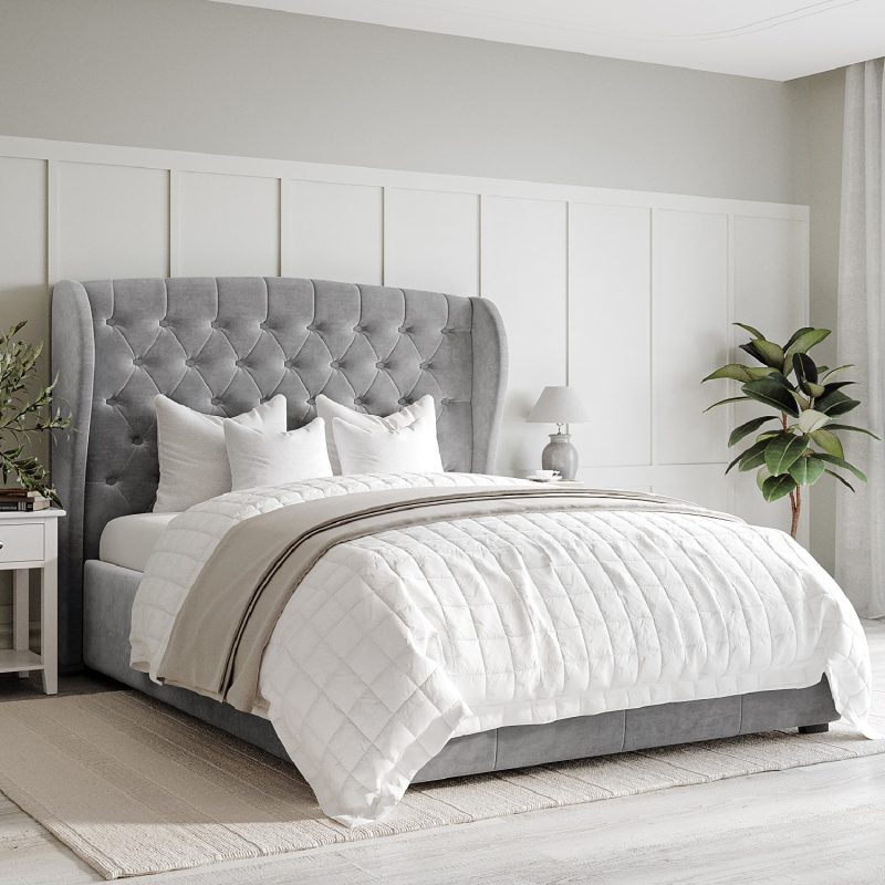 Grey Velvet Double Ottoman Bed with Winged Headboard - Safina - Image 3
