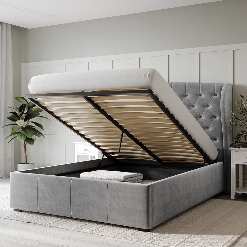 Grey Velvet Double Ottoman Bed with Winged Headboard - Safina - Image 4