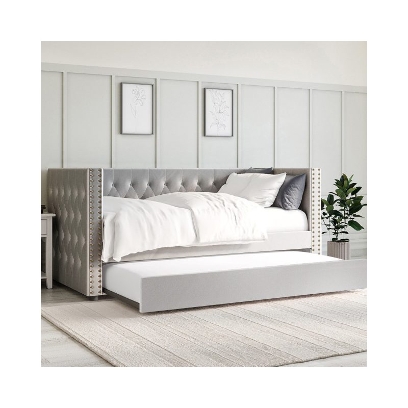 Single Day Bed Sofa with Trundle in Dark Grey Velvet - Sacha
