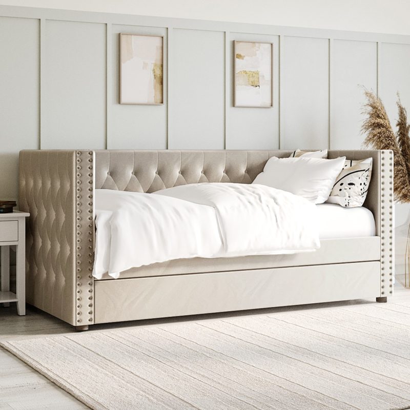 Single Day Bed Sofa with Trundle in Beige Velvet - Sacha - Image 2