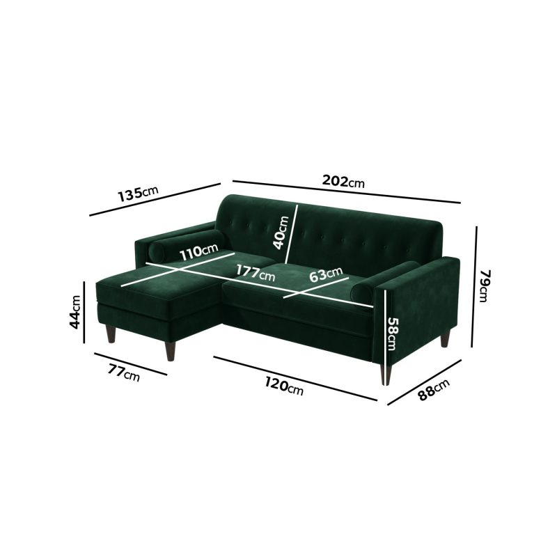 3 Seater Left Hand Facing Sofa in Green Velvet - Idris - Image 2