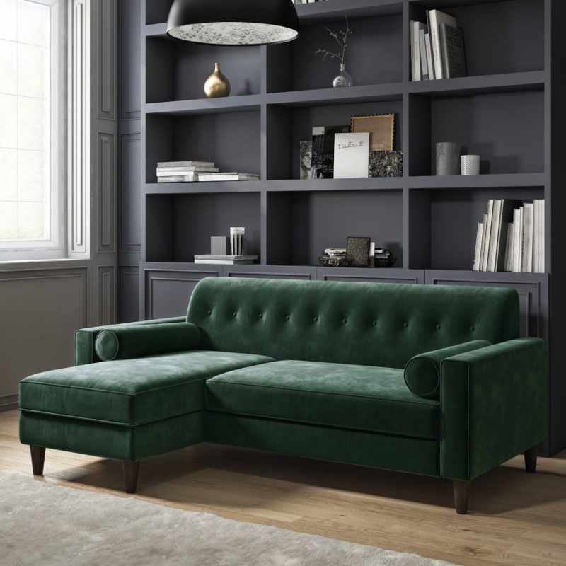3 Seater Left Hand Facing Sofa in Green Velvet - Idris - Image 4